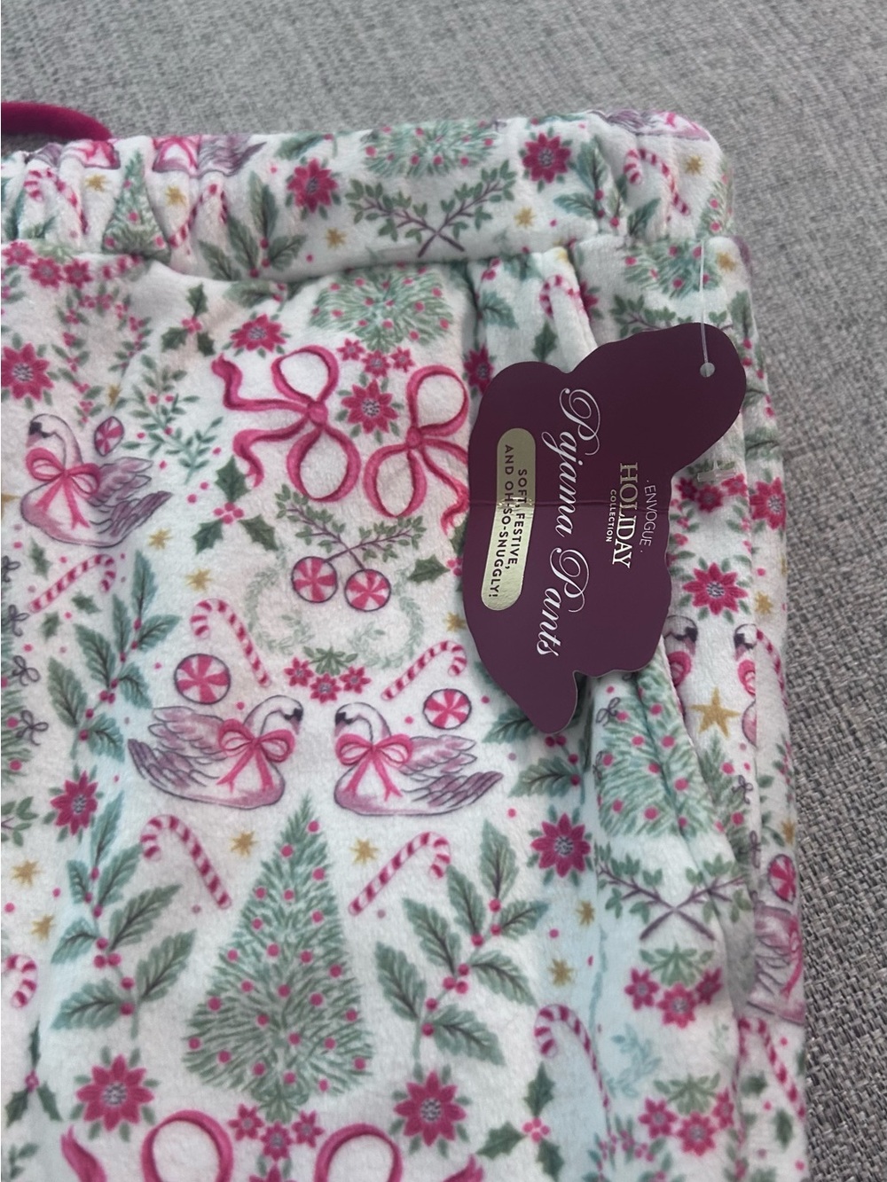 Envogue White Holiday Floral & Candy-Print Pajama Pant Pink Accents. Size L NWT - Picture 4 of 8